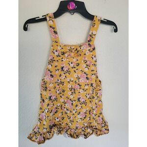 Girls Mustard Yellow Floral Denim Pinafore Ruffle Dress‎ Overall Pockets 6 #5